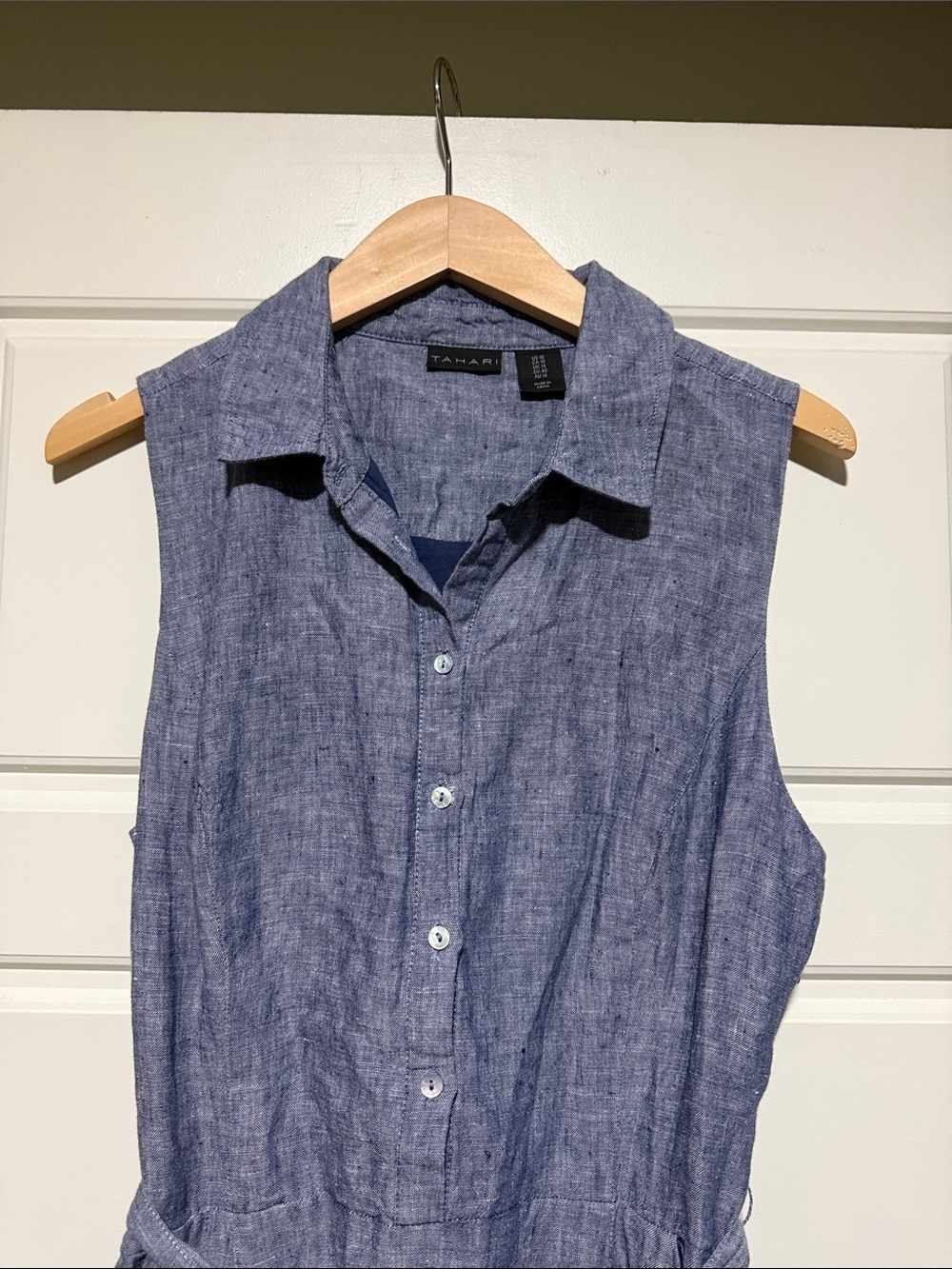 TAHARI 100% Linen Blue Chambray A Line Embroidered Eyelet Collared Shirt Dress - Picture 2 of 8